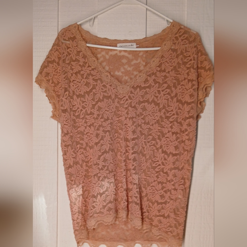 Women's Sheer Lace Top in Peach Pink by Rosamunde